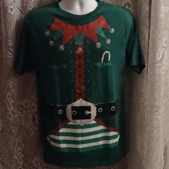 Holiday Time Men's M Green Elf‎ T-shirt Candy Cane Faux Belt - Picture 1 of 7
